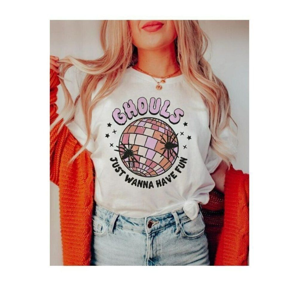 Ghouls Wanna Have Fun Halloween Graphic Tee White Disco Fall Women S-XL New
